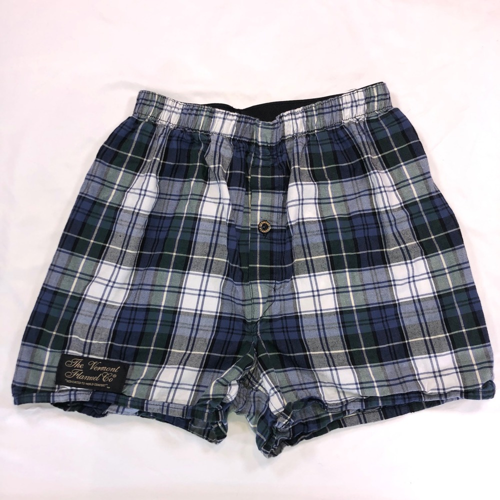 The Vermont Flannel Co Blue Green Plaid Flannel Boxers Small Mens Lounge Shorts